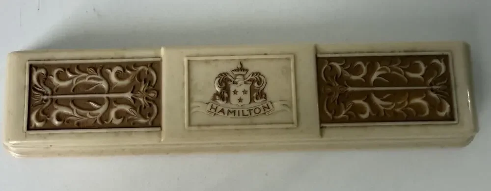 VTG Hamilton Watch Case Ivory Celluloid Plastic Blue Velvet Interior 1940s Empty